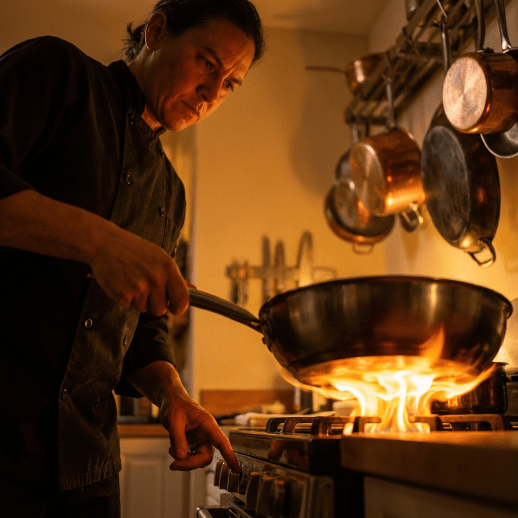 Chef cooking with a wok over open flame