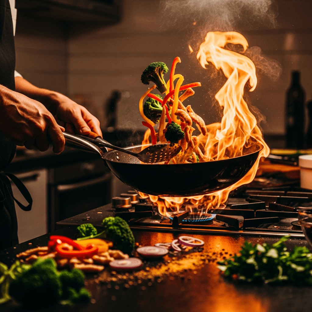 A verified Boston private chef cooking a course over open flame for a private dinner