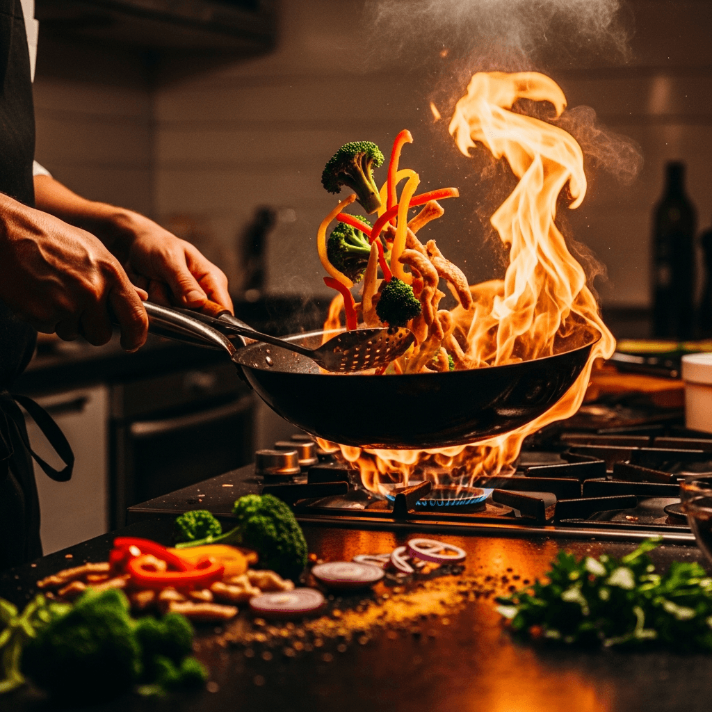 Chef cooking with a wok over open flame