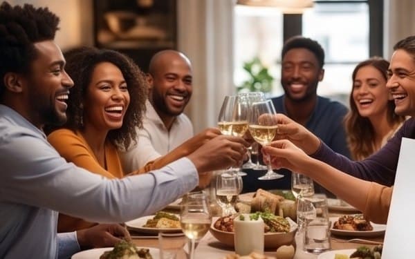 Friends laughing and toasting at a Suppah Social table
