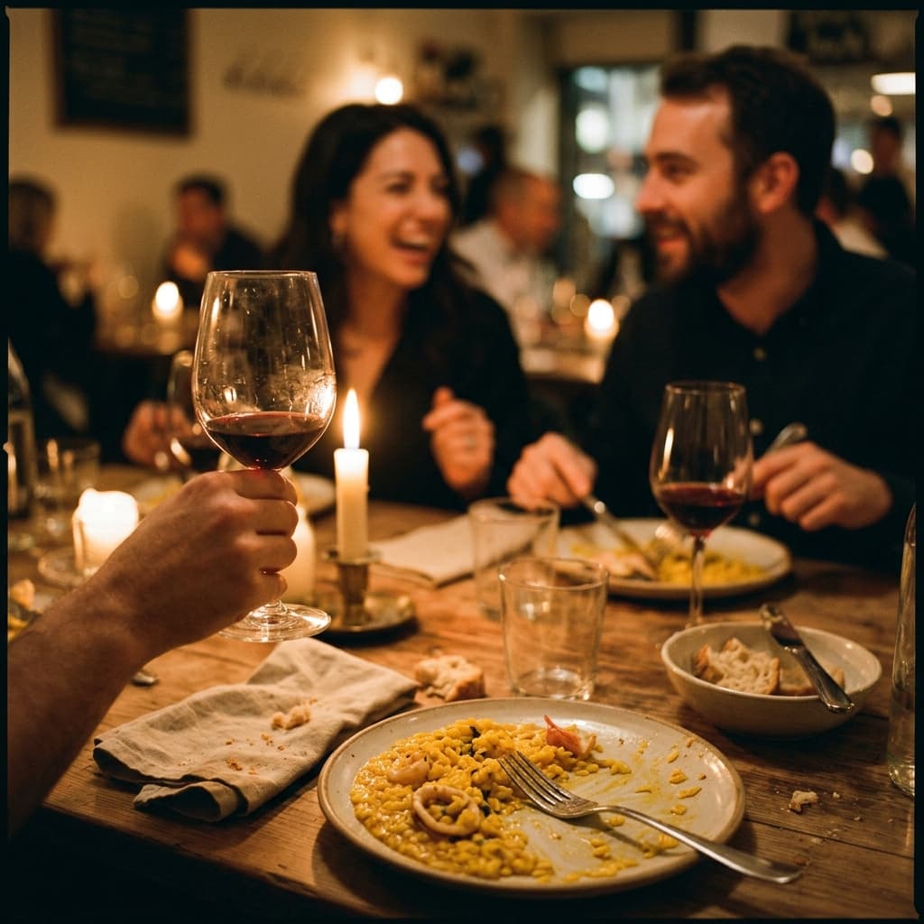 Friends gathering at a table with brick wall backdrop